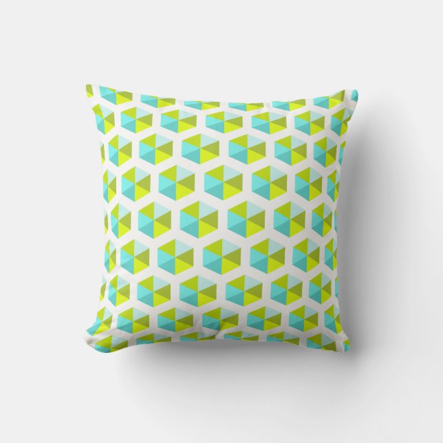 Geometric Aqua Blue and Green Hexagon Pattern Throw Pillow (Front)