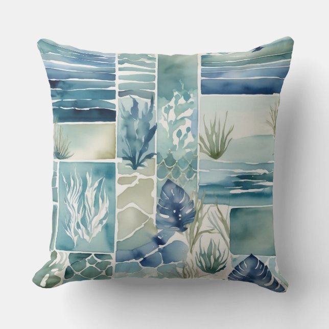 Geometric Aqua Flora Aquarelle Decor Throw Pillow (Front)