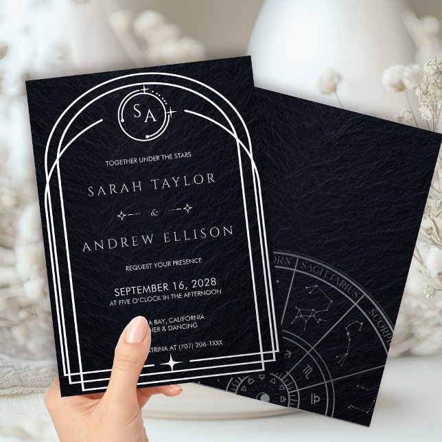 Geometric Arch Night Sky Silver Foil Wedding Invitation (Creator Uploaded)
