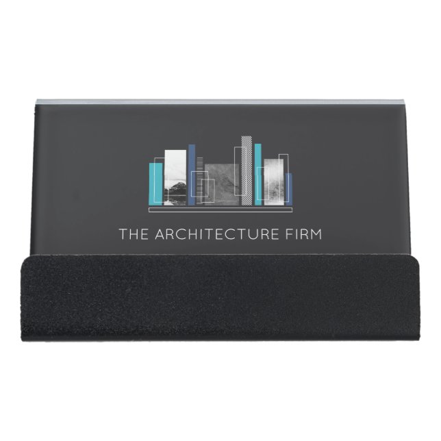 Geometric Architect Blue & Gray Desk Business Card Holder (Front)