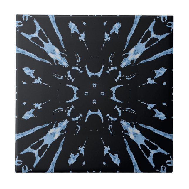 Geometric art blue on black  ceramic tile (Front)