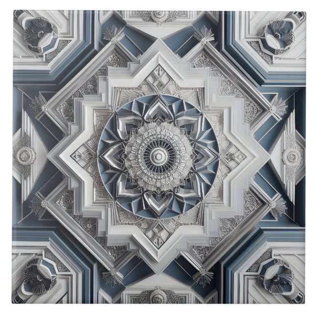 Geometric Art Deco All Grey Dusty Blue Off white  Ceramic Tile (Front)