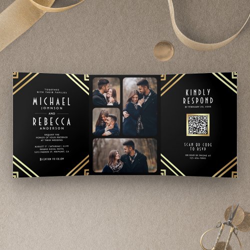 Geometric Art Deco Black Gold QR Code Wedding Tri_Fold Invitation