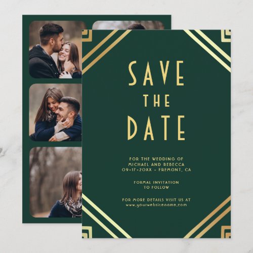 Geometric Art Deco Emerald Gold Photo Wedding Save The Date