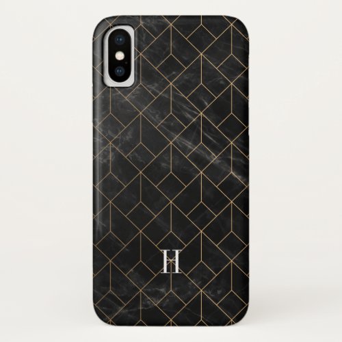 Geometric Art Deco Gold  Black Marble Monogram iPhone XS Case