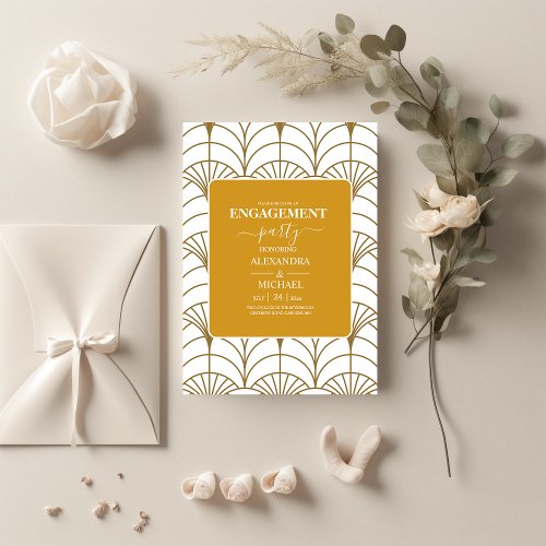 Geometric Art Deco Gold White Gatsby Engagement Invitation