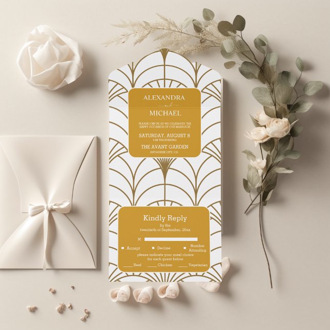 Geometric Art Deco Gold White Gatsby Wedding All In One Invitation (Creator Uploaded)