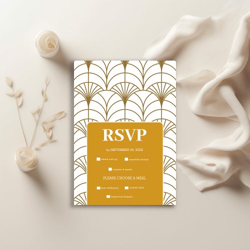 Geometric Art Deco Gold White Gatsby Wedding RSVP Card