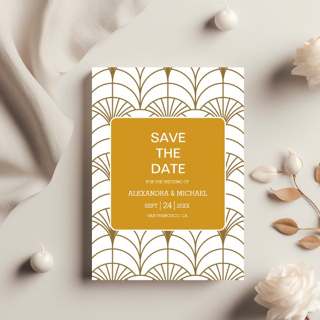 Geometric Art Deco Gold White Gatsby Wedding Save The Date (Creator Uploaded)