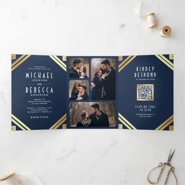 Geometric Art Deco Navy Blue Gold QR Code Wedding TriFold Invitation