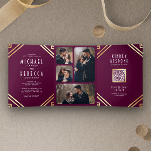 Geometric Art Deco Plum Gold QR Code Wedding Tri-Fold Invitation