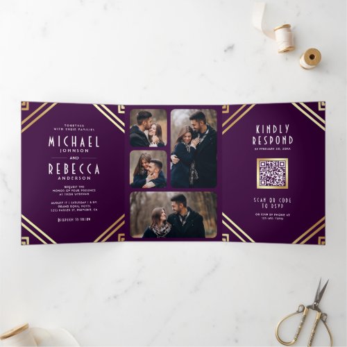 Geometric Art Deco Purple Gold QR Code Wedding Tri_Fold Invitation