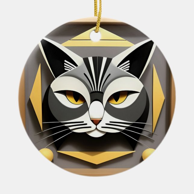 Geometric Art of a Stylized Cat Abstract Design Ceramic Ornament (Front)