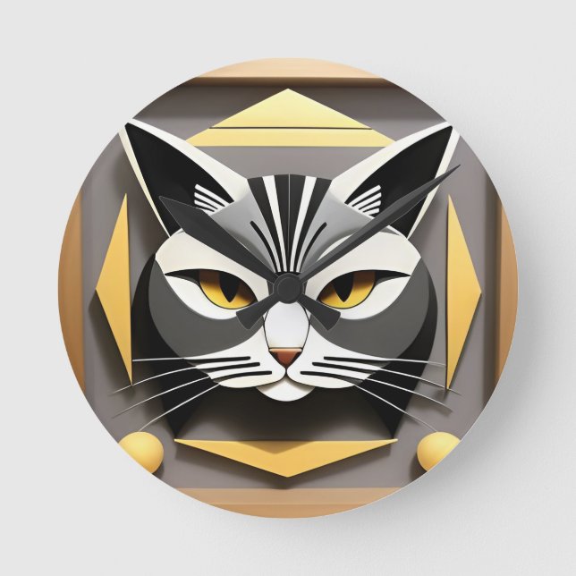 Geometric Art of a Stylized Cat Abstract Design Round Clock (Front)