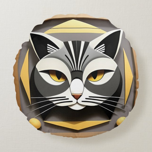 Geometric Art of a Stylized Cat Abstract Design Round Pillow (Front)