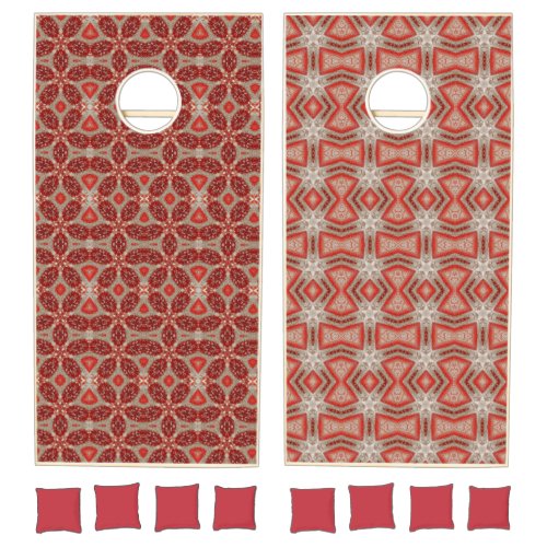 Geometric art red autumn leaves white snow cornhole set