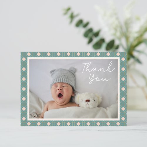 Geometric Art Teal Two Photo Baby Shower Message Thank You Card