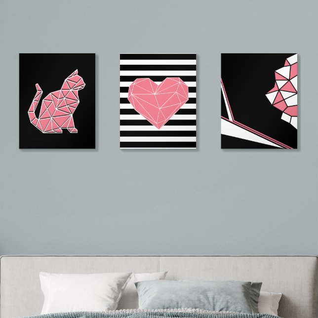 Geometric Art Trio - Pink Heart, Cat & Shape Acrylic Photo Tile (Bedroom)