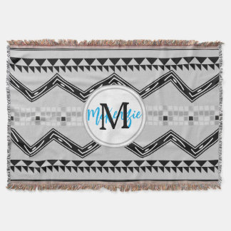 Geometric Aztec Black and Gray Monogram Pattern Throw Blanket