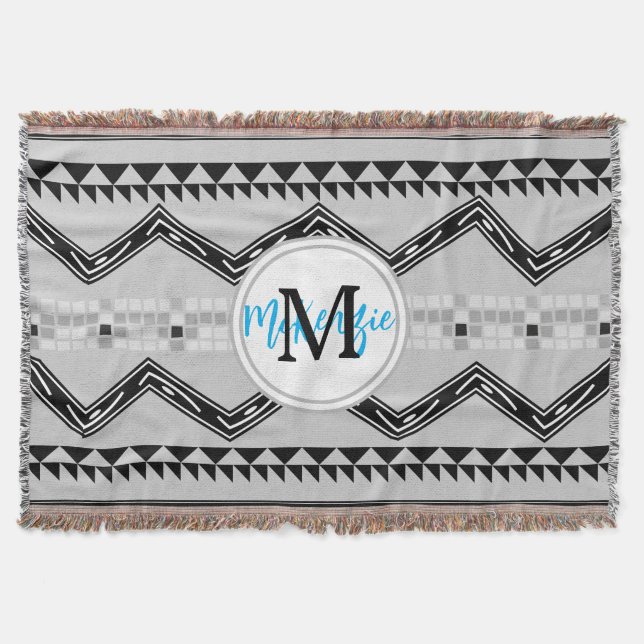 Geometric Aztec Black and Gray Monogram Pattern Throw Blanket (Front)