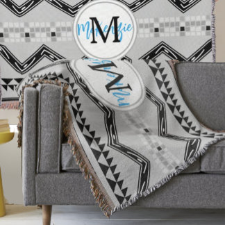 Geometric Aztec Black and Gray Monogram Pattern Throw Blanket