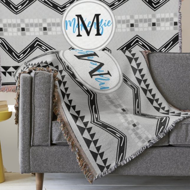 Geometric Aztec Black and Gray Monogram Pattern Throw Blanket (Creator Uploaded)