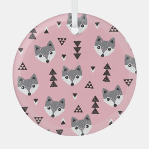 Geometric Baby Fox Woodland Pattern Glass Ornament