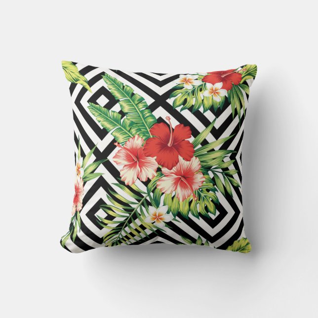 Geometric Background & Colorful Tropical Flowers Throw Pillow (Front)