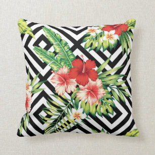 Geometric Background & Colorful Tropical Flowers Throw Pillow