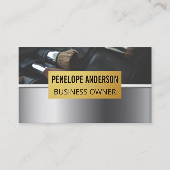 Geometric Background | Metallic Makeup Brushes Business Card (Front)