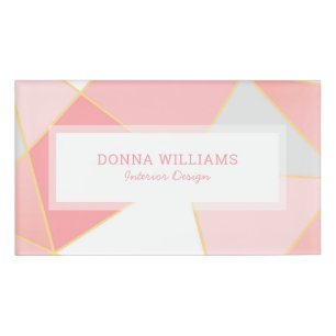 Geometric background pink white & gold name tag