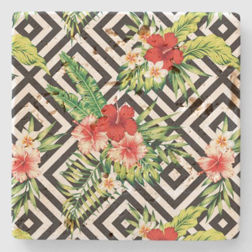 Geometric Background Tropical Flowers Pattern Stone Coaster