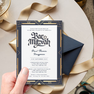 Geometric BAR MITZVAH Quality Navy Gold Modern Invitation