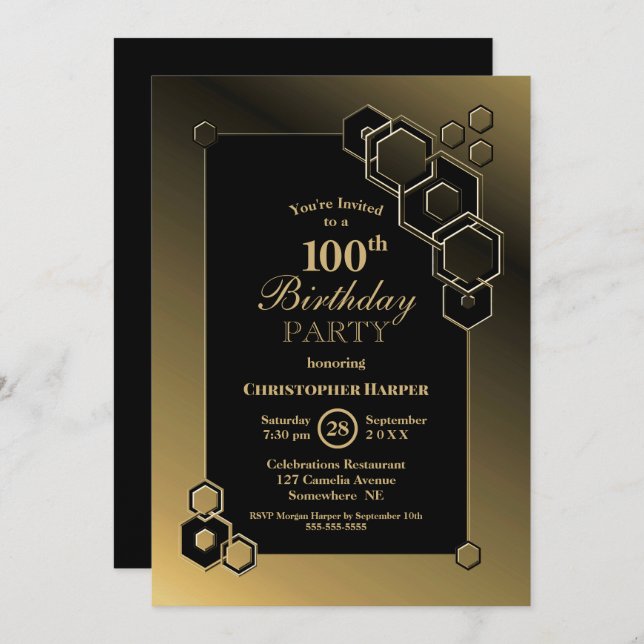 Geometric Black and Gold 100th Birthday Party Invitation (Front/Back)