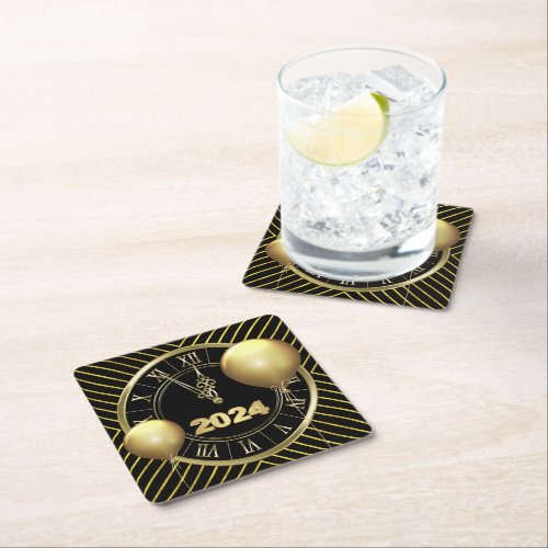 Geometric Black and Gold Art Deco NYE Pattern Square Paper Coaster