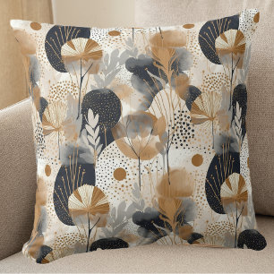 Geometric Black and Gold Floral Leaves Throw Pillow