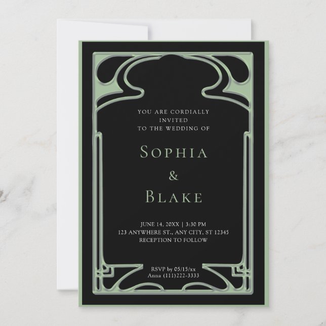 Geometric Black and Green Art Deco Wedding Invitation (Front)