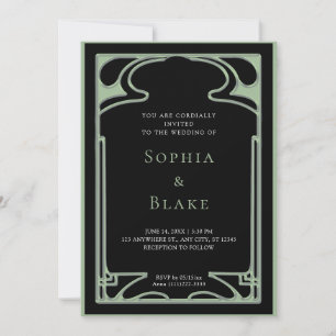 Geometric Black and Green Art Deco Wedding Invitation