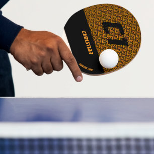 Geometric Black and Orange Pattern Custom Name Ping Pong Paddle