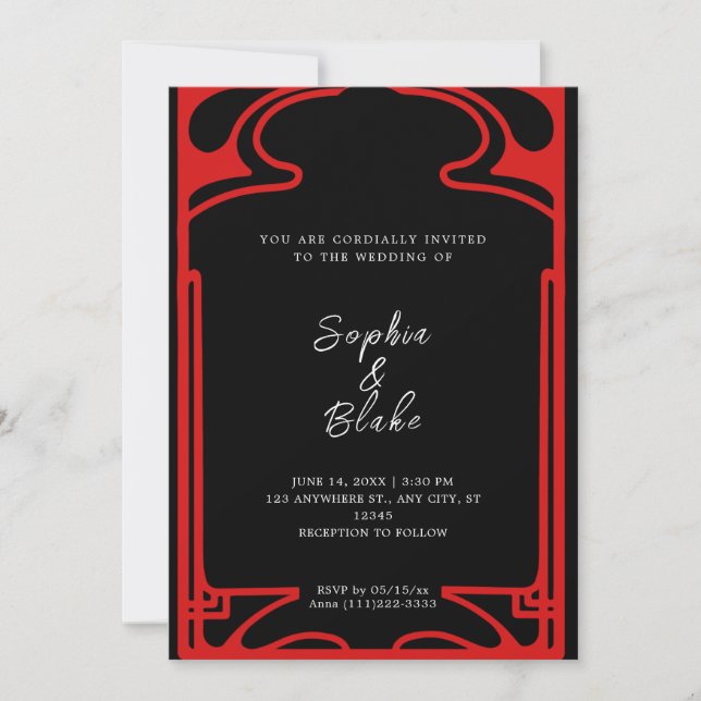 Geometric Black and Red Art Deco Wedding Invitation (Front)