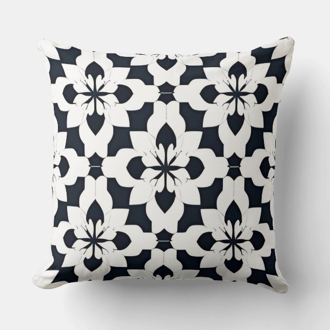 Geometric Black and White Floral Pattern Throw Pillow (Front)