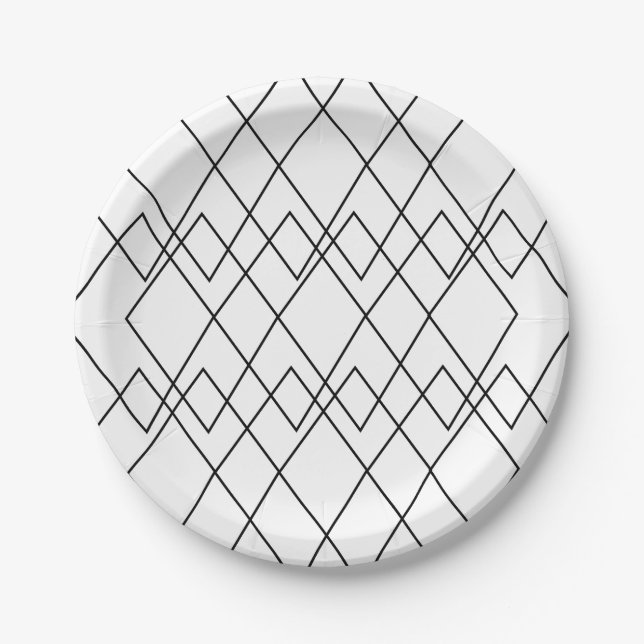 Geometric Black and White Geometric Diamond Party Paper Plates (Front)