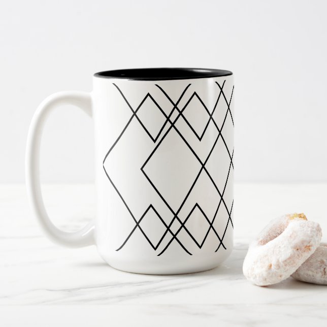 Geometric Black and White Geometric Diamond  Two-Tone Coffee Mug (With Donut)