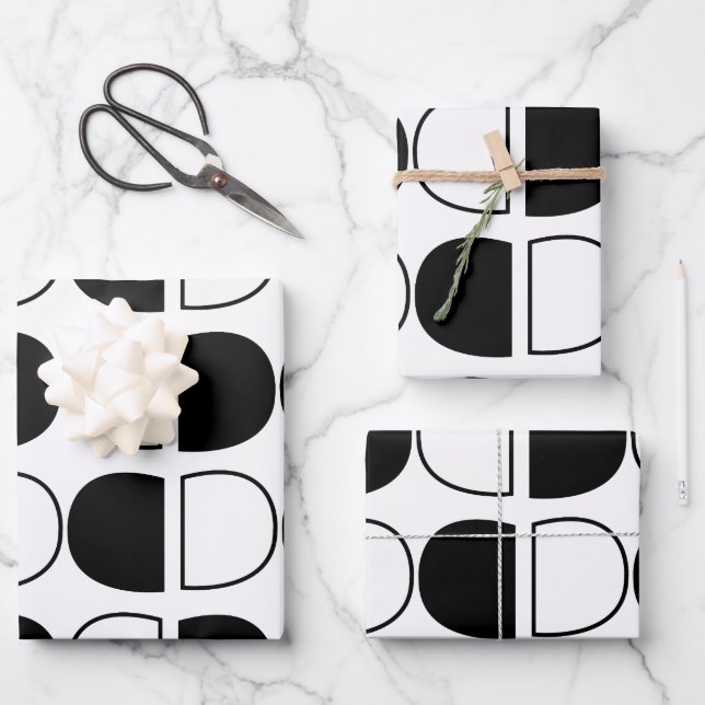 Geometric Black and White Half Circle Wrapping Paper Sheets (Front)