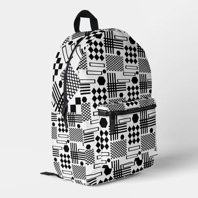 Geometric black and white pattern printed backpack (Back Corner Left)