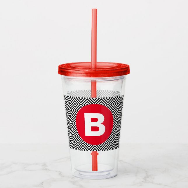 Geometric Black and White Pattern Red Monogram Acrylic Tumbler (Front)