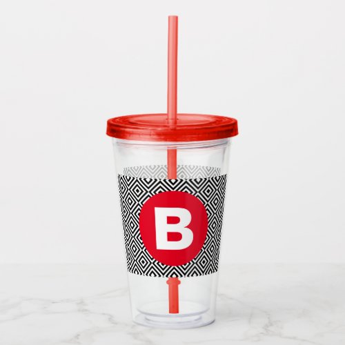 Geometric Black and White Pattern Red Monogram Acrylic Tumbler