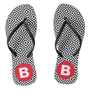 Geometric Black and White Pattern Red Monogram Flip Flops