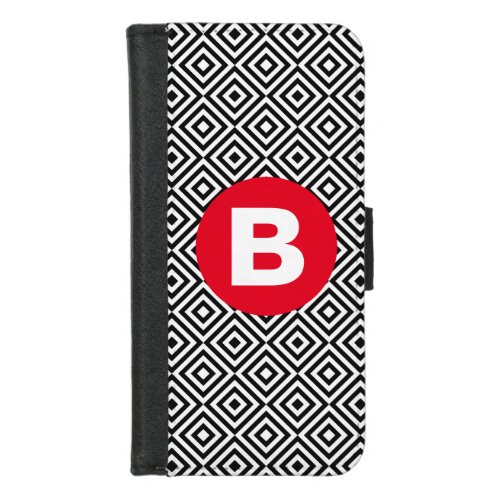 Geometric Black and White Pattern Red Monogram iPhone 87 Wallet Case