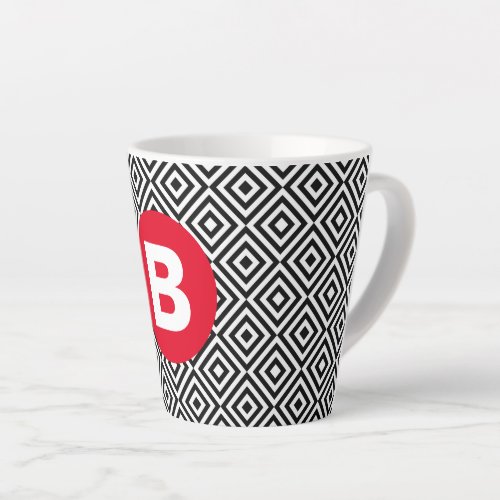 Geometric Black and White Pattern Red Monogram Latte Mug